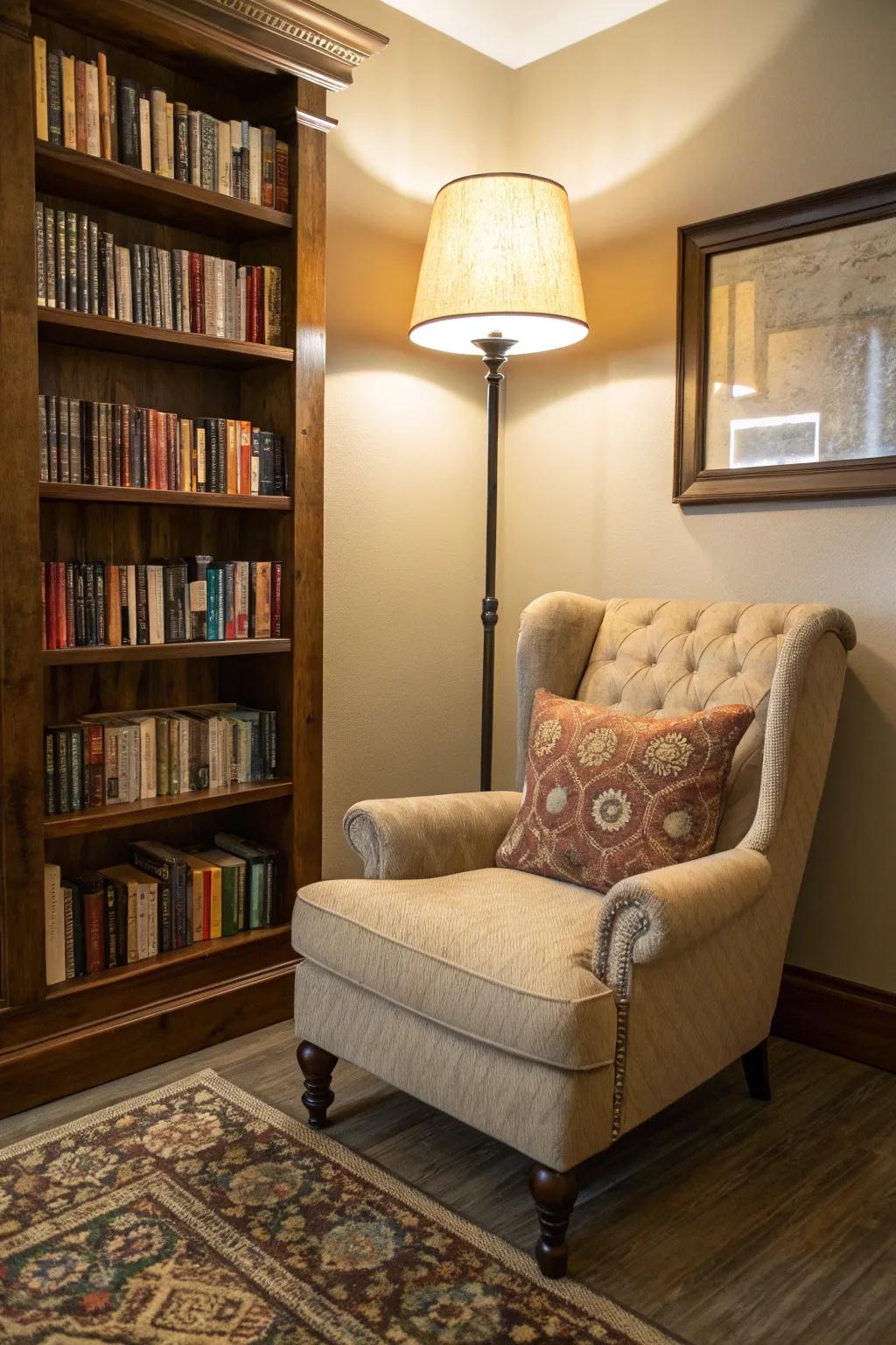 A reading corner featuring a luxurious armchair and a bookcase creates an inviting retreat.