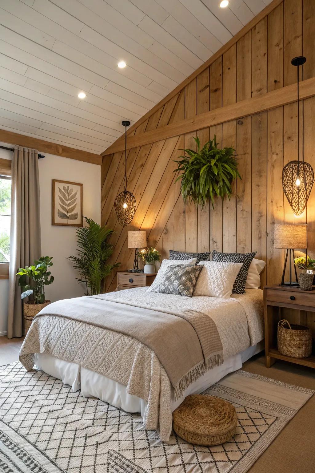 Timber paneling introduces a natural and cozy feel to this peaceful bedroom setting.