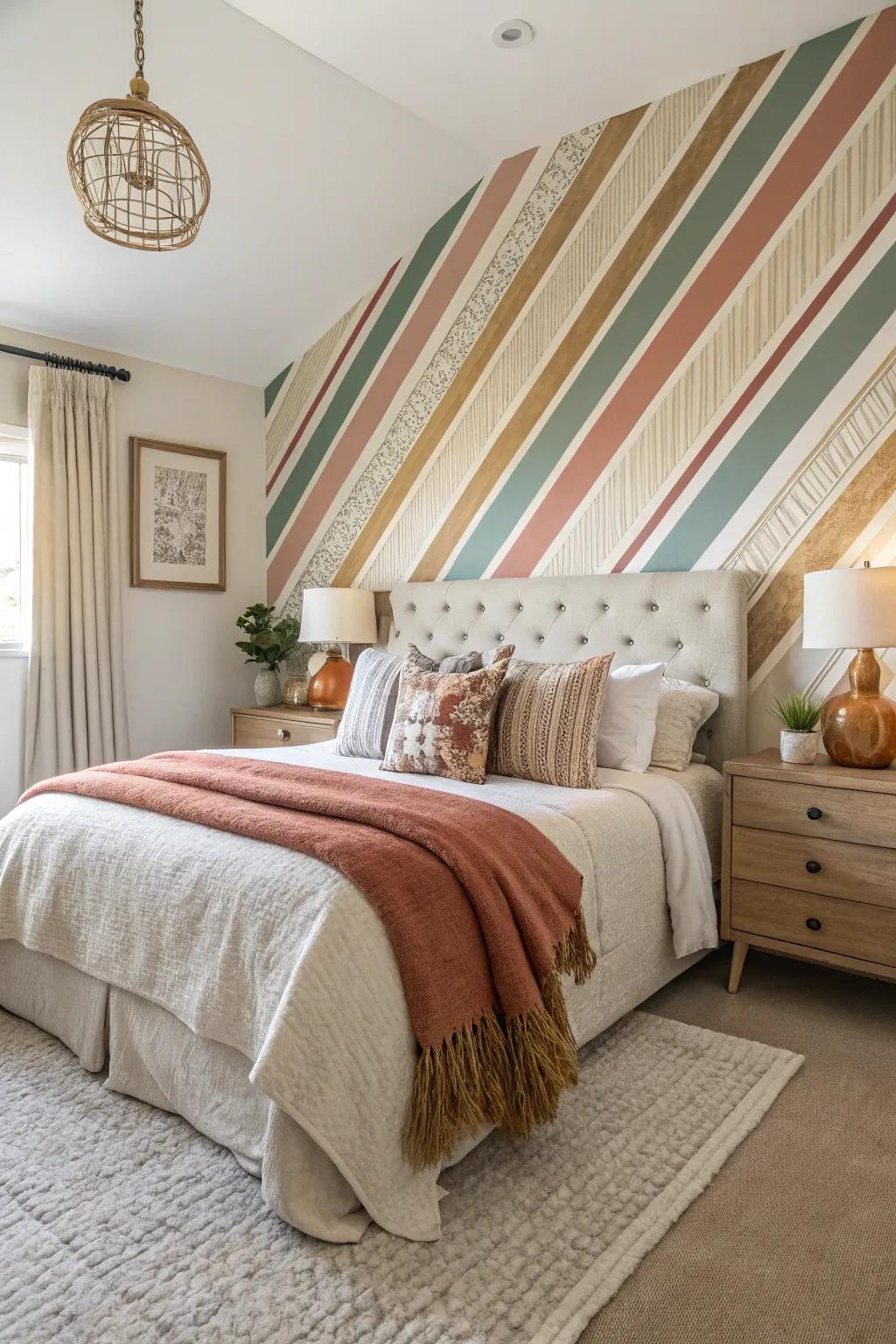 A bedroom elevated by a striking striped accent wall.