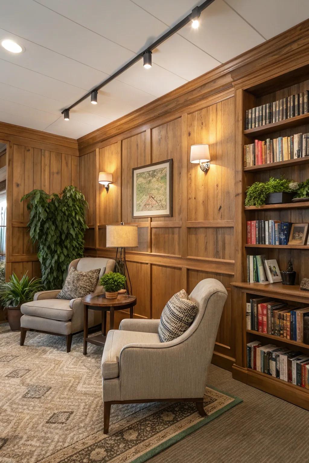A home office featuring a wood-paneled accent wall, radiating warmth and style.
