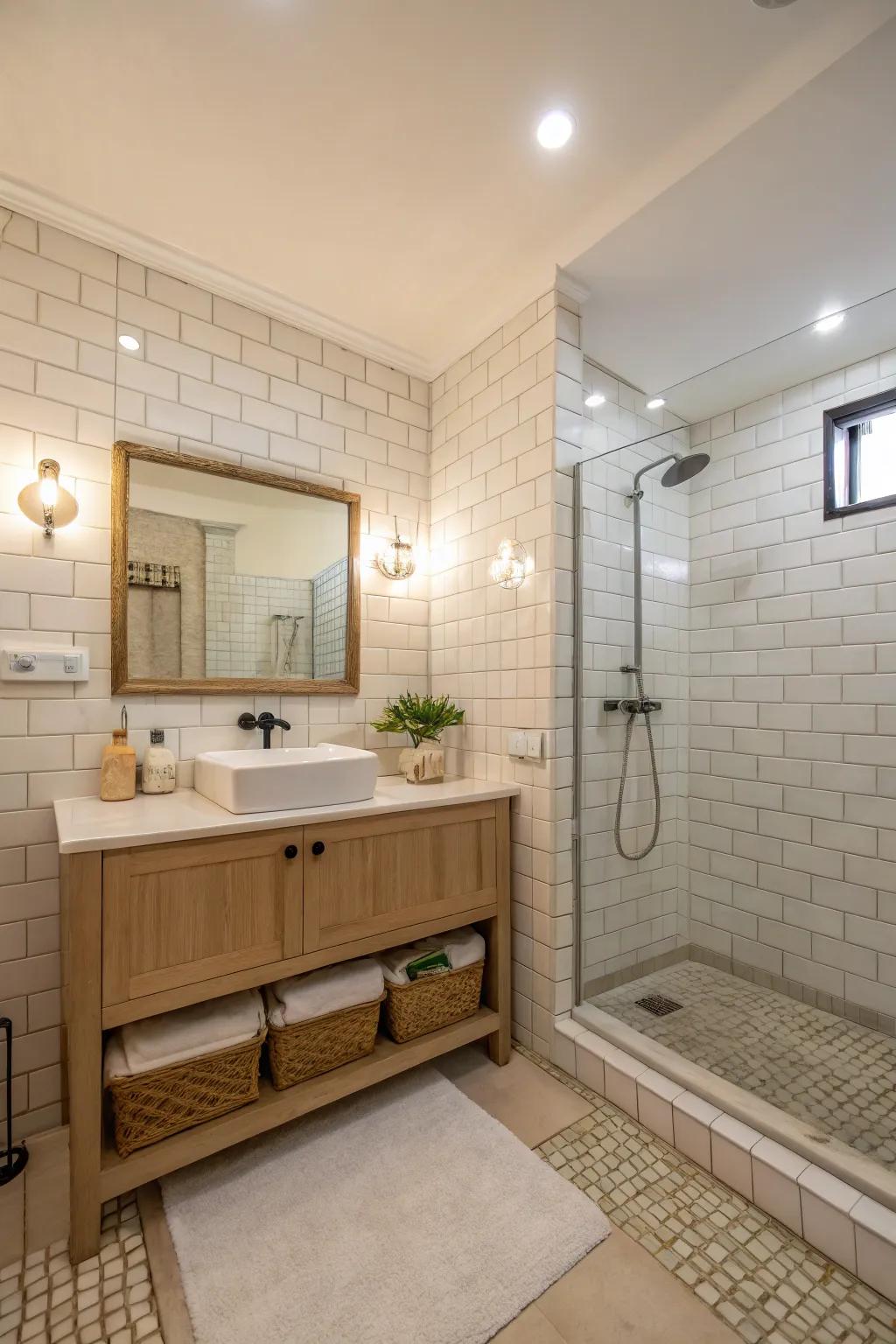 A muted color scheme establishes a tranquil tone in the bathroom.