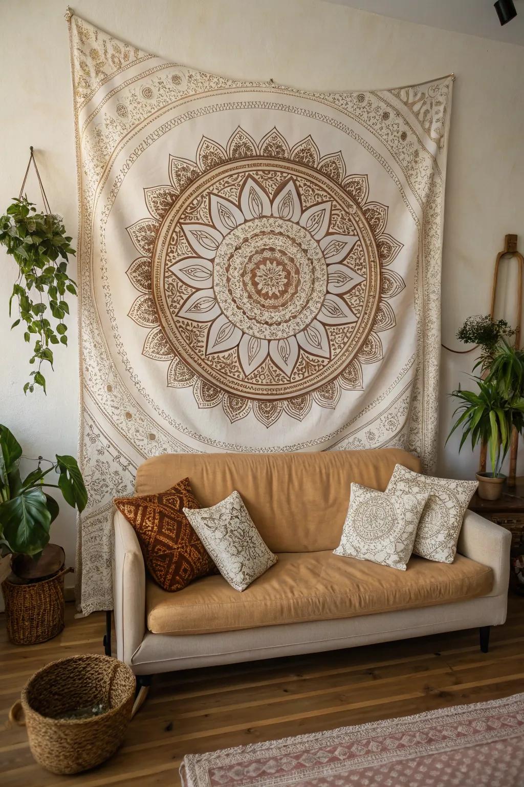 Bohemian mandala wall hangings offer meditative charm.