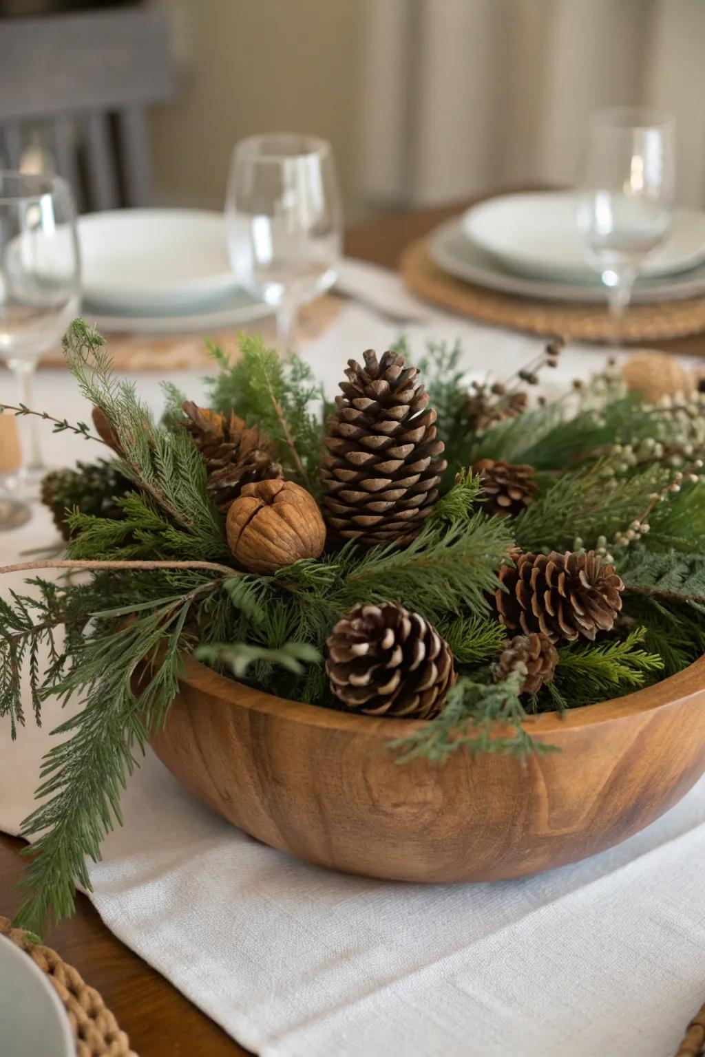 A natural winter decoration featuring evergreen and pinecones