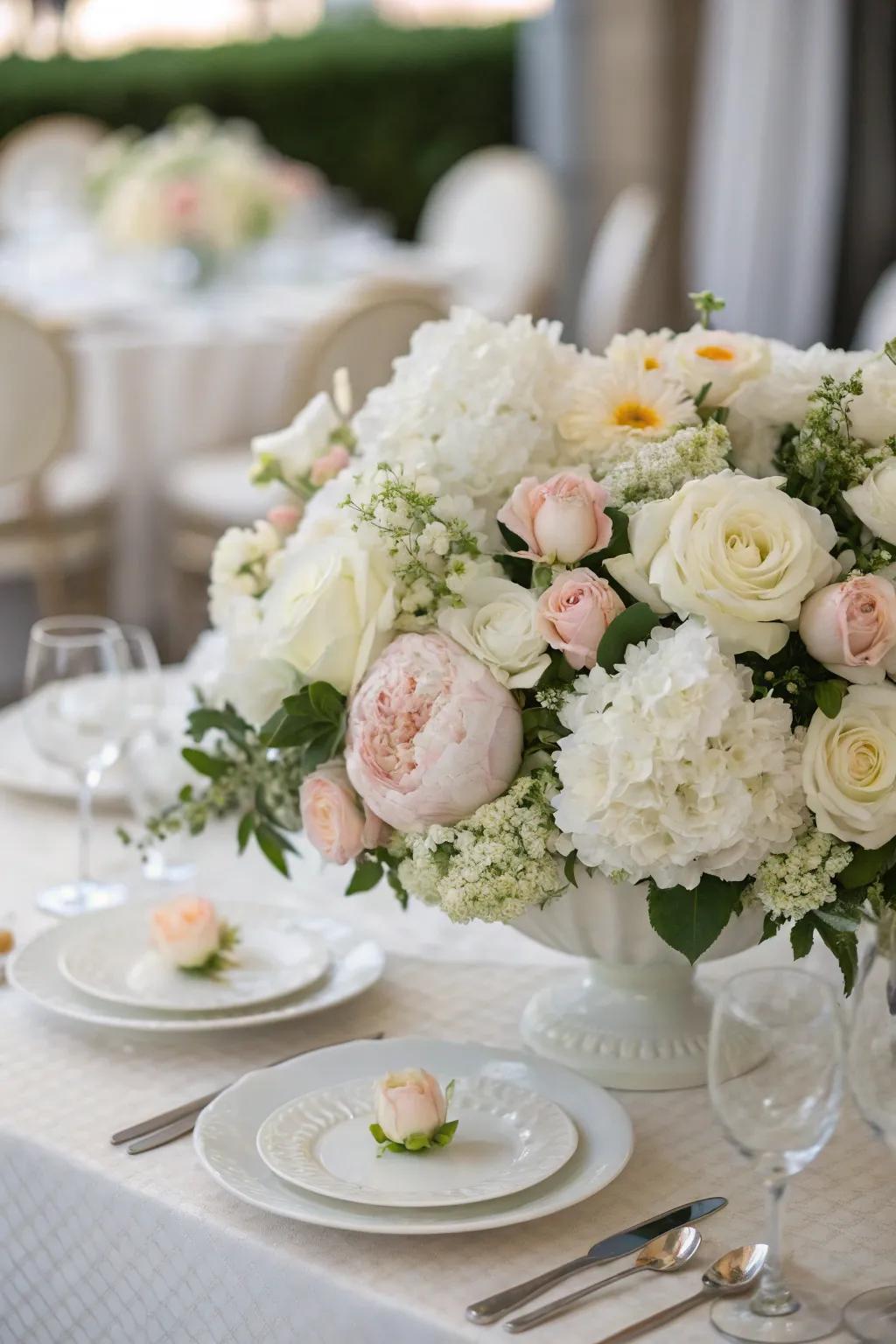 Lavish white floral arrangements add elegance to any party setting.