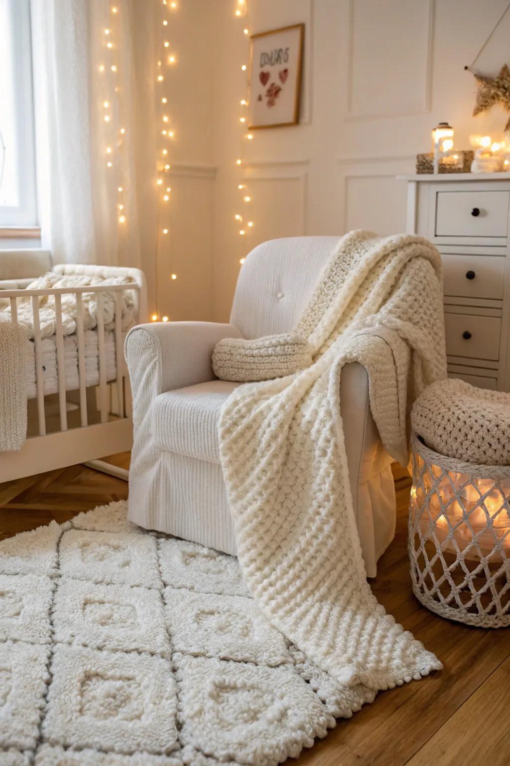 Delicate textures lend warmth to a monochromatic white nursery.