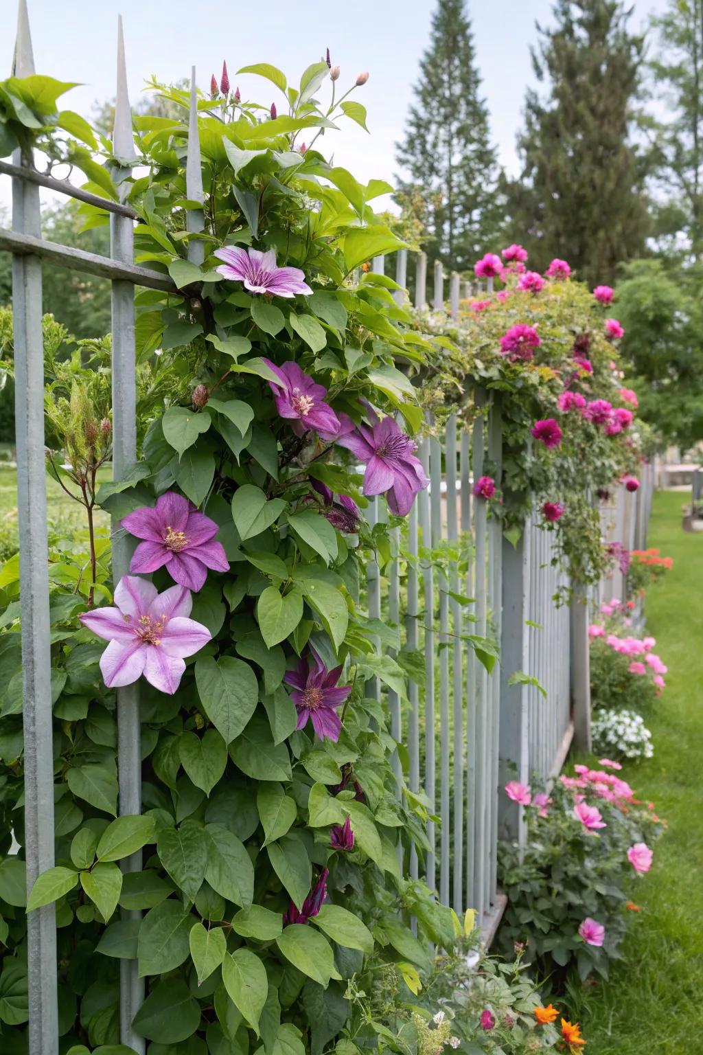 Flowering vines bring a romantic touch to an aluminum fence.