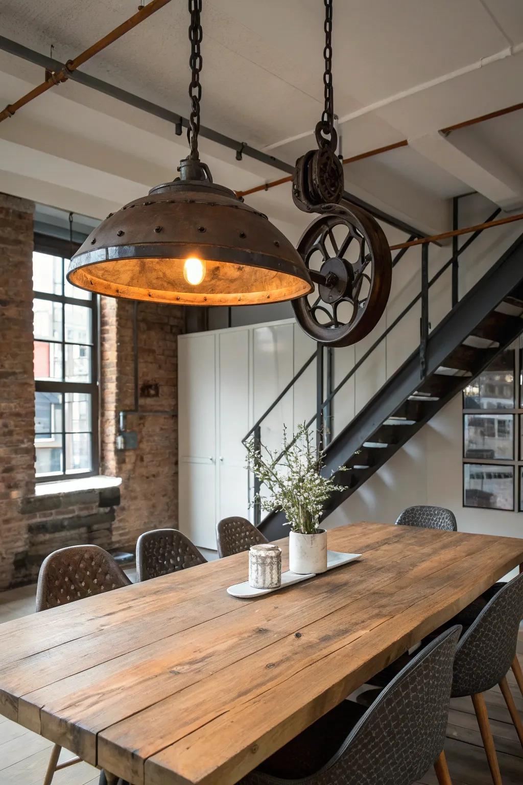 Adaptable lighting featuring an antique accent in the dining area.