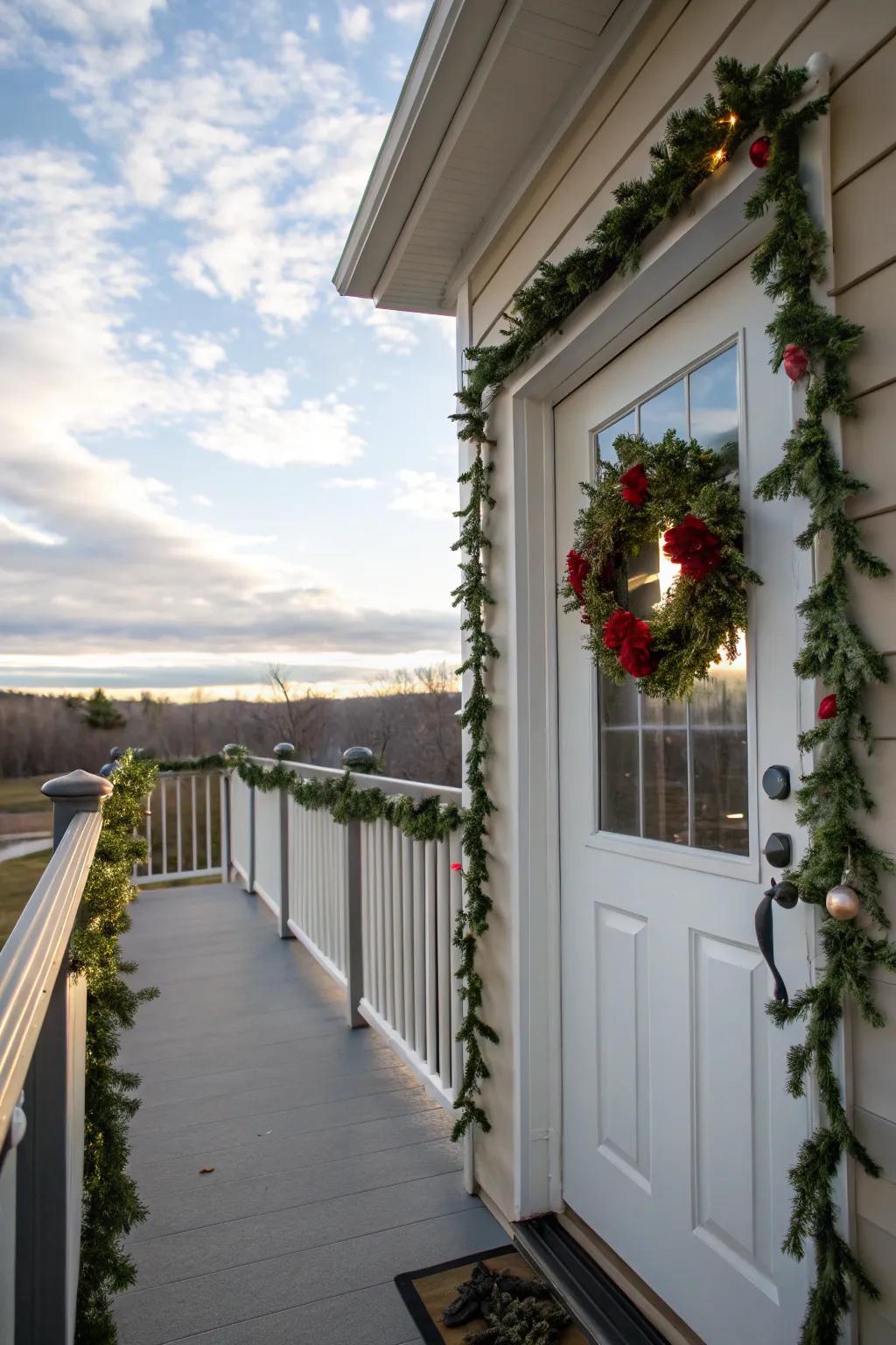 Authentic garlands and a door wreath contribute celebratory joy to this balcony.