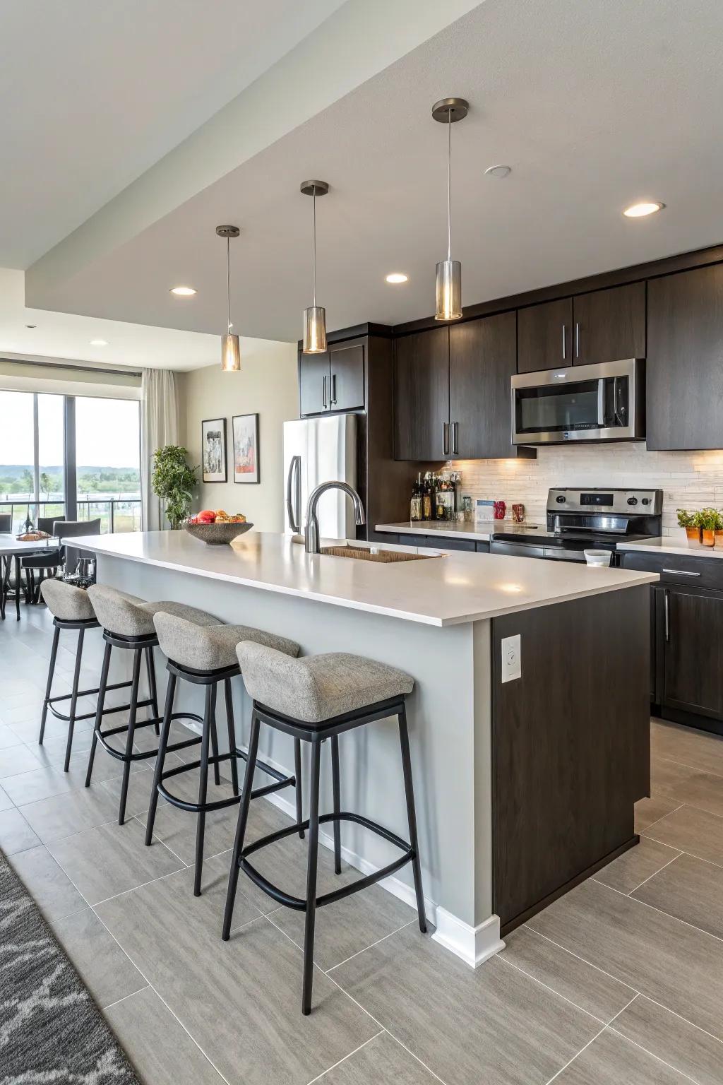 A multipurpose island improves functionality in tight spaces.