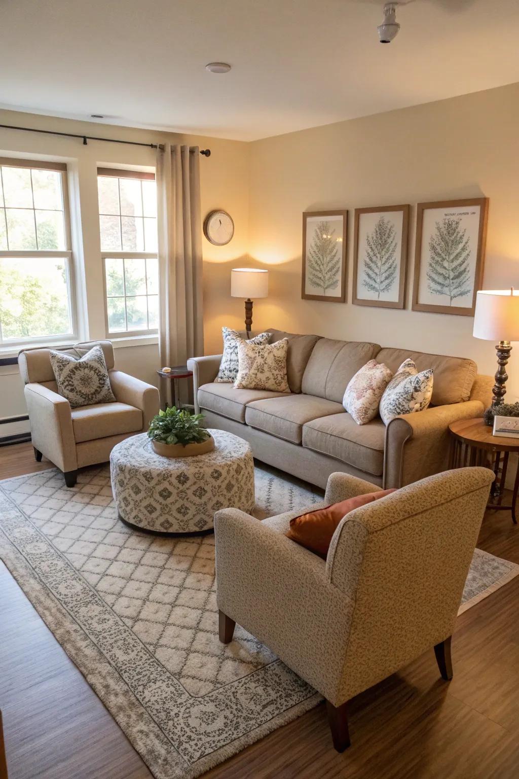 A social seating arrangement in a small living room.