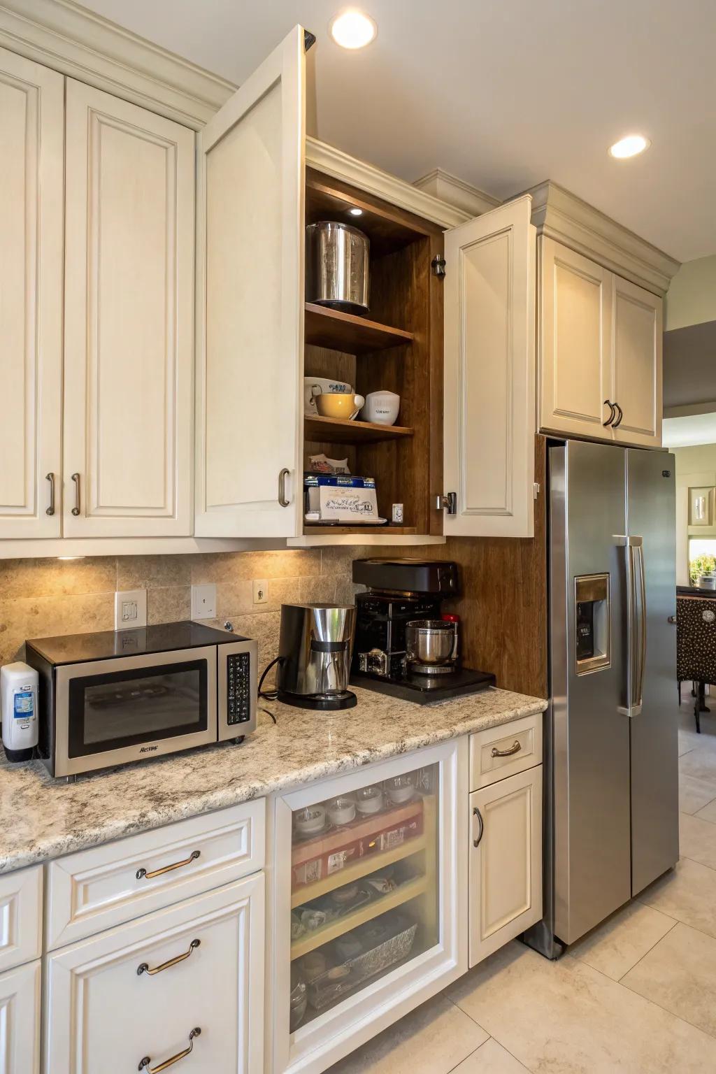 Elevated doors gracefully reveal hidden kitchen appliances, combining convenience with style.