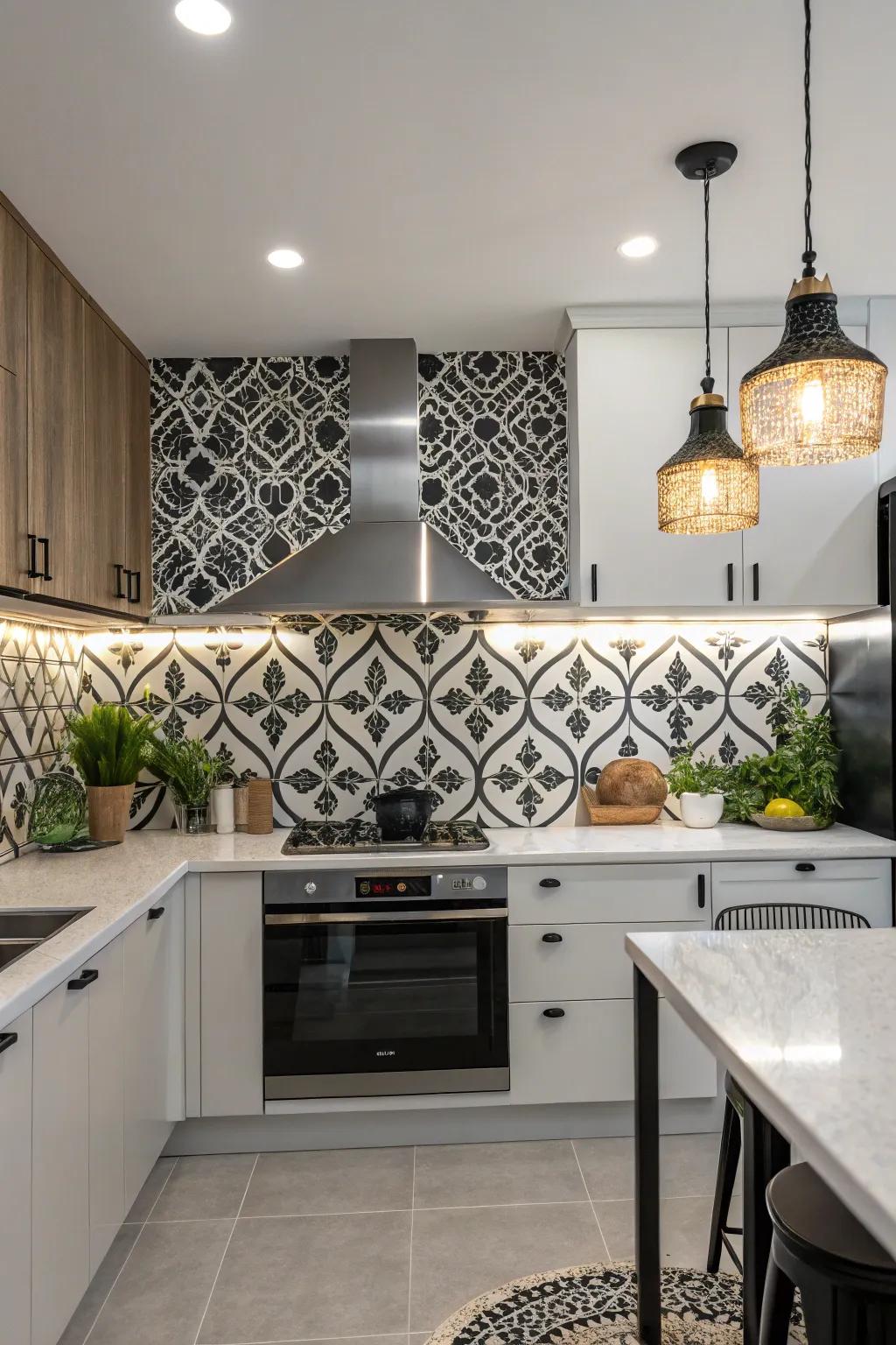 A contemporary kitchen showcasing a bold black and white arabesque tile backsplash.