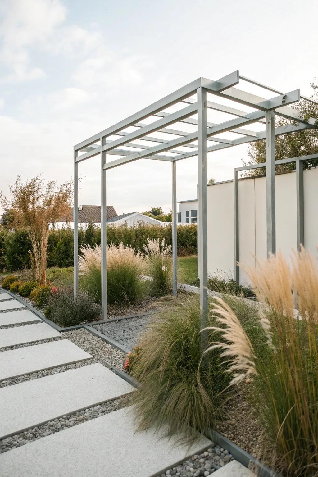 A modern metal arbor accentuates the contemporary atmosphere of this garden.