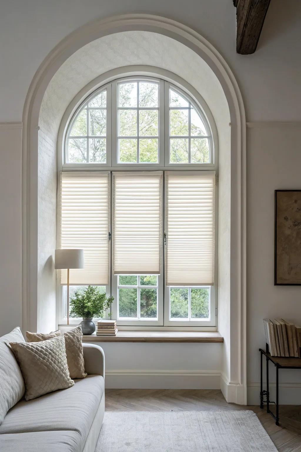 Minimalist room with custom-fitted blinds on arched windows.
