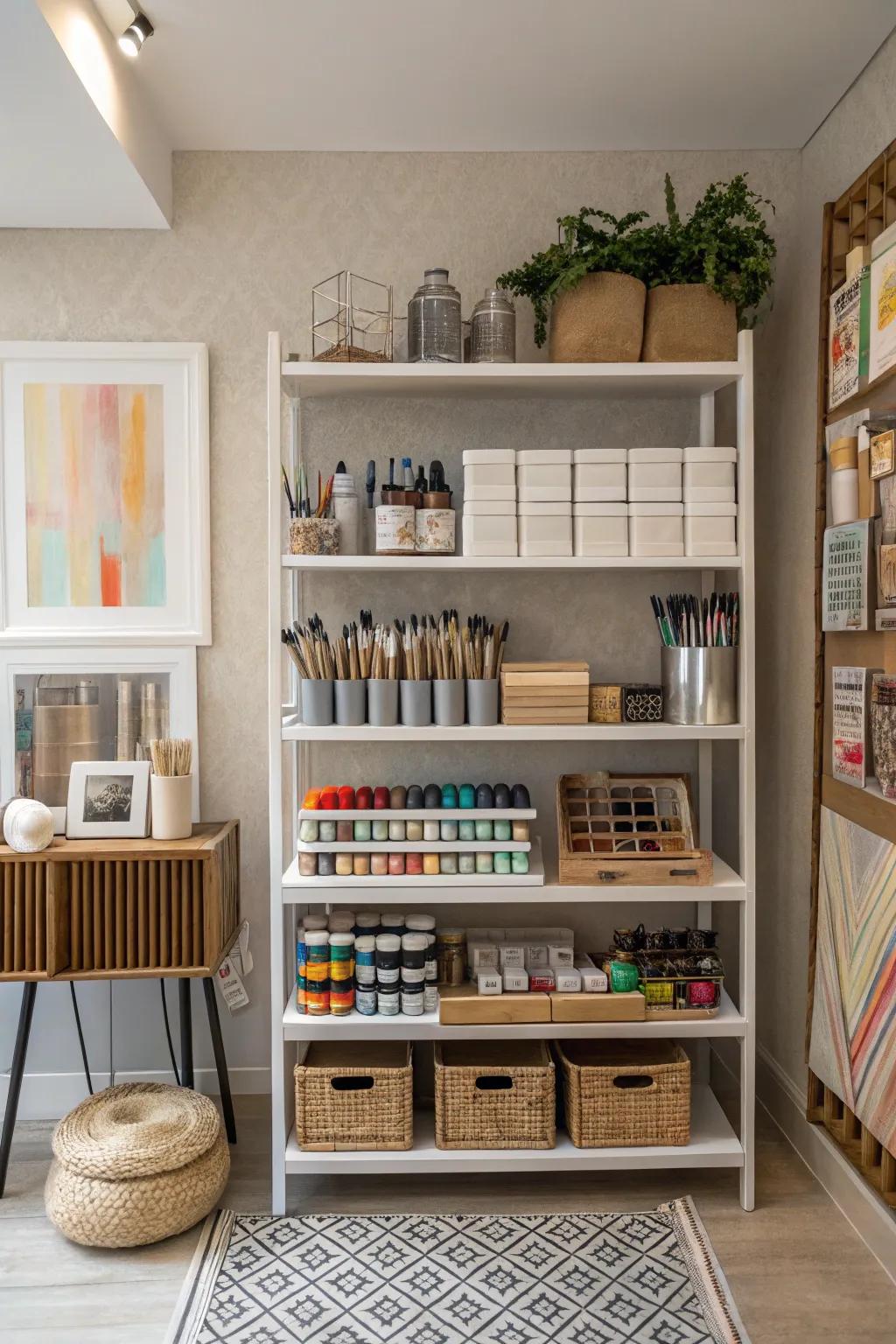 Multi-tiered shelves are great for maximizing vertical space in any art studio.