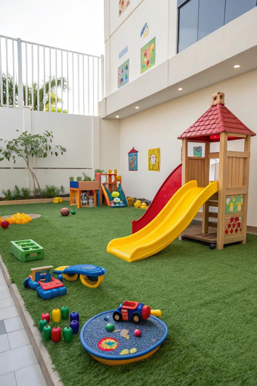 A child-safe play space featuring soft synthetic turf.
