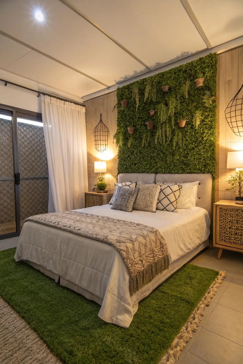 A serene bedroom getaway enhanced by a rich faux verdant wall.