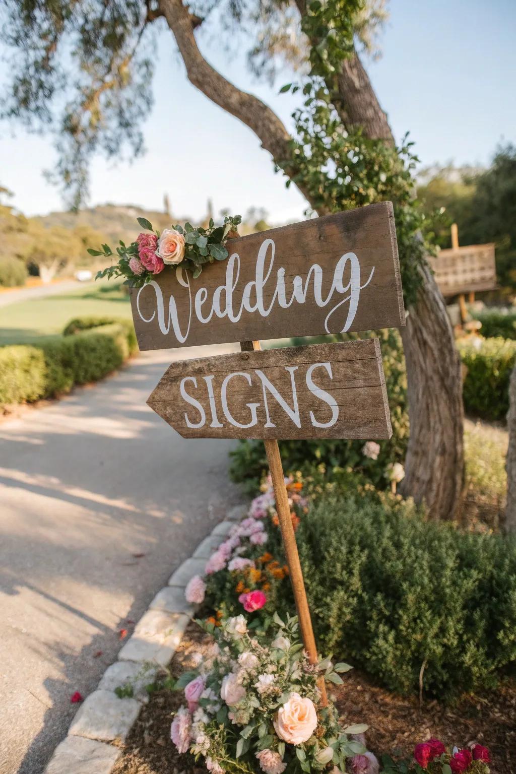 Rustic wood messages add a personal touch to the wedding.