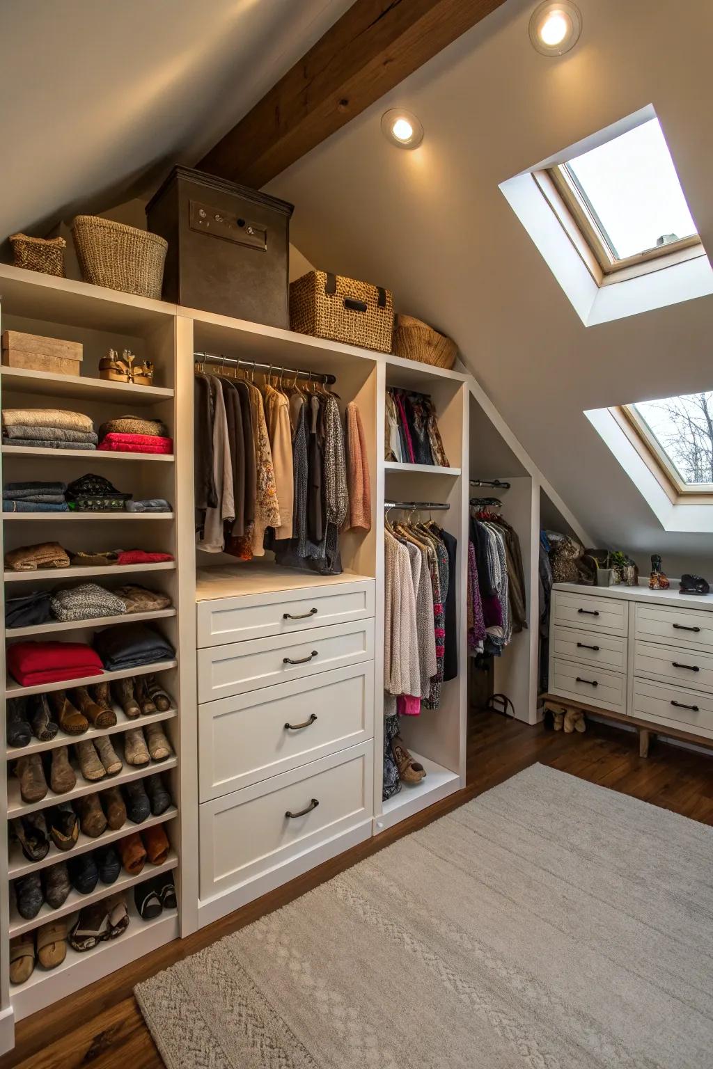 Integrated storage maximizes attic space effectively.