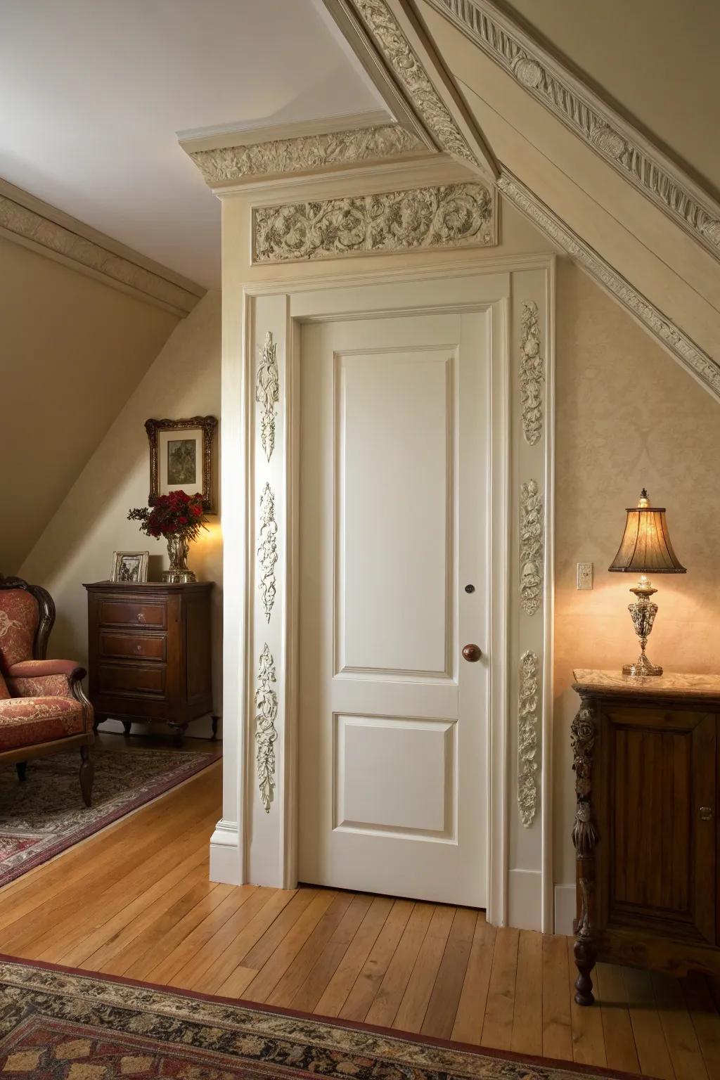 Ornate trim details bring sophistication to your attic entrance.