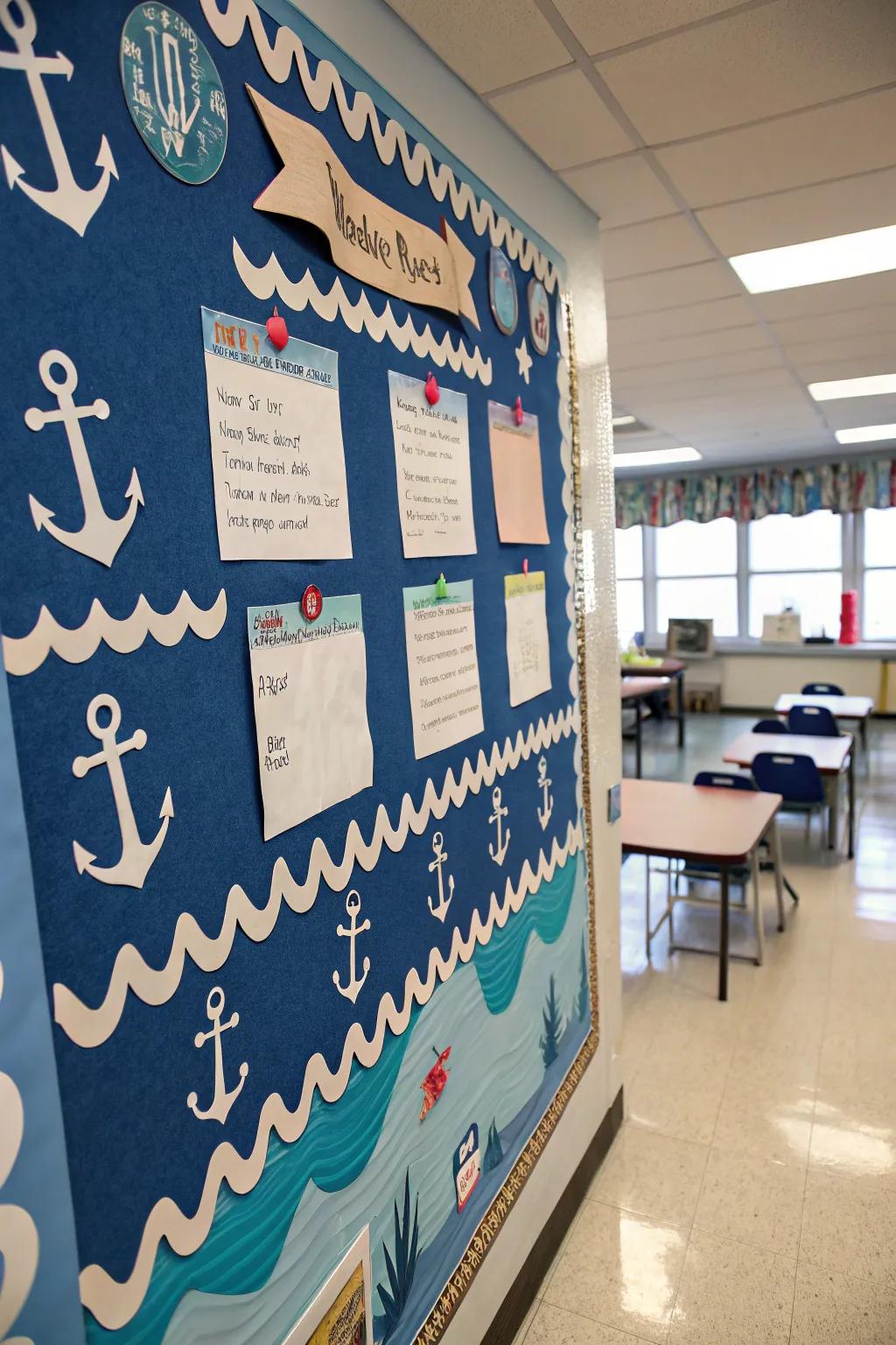 A nautical-themed bulletin board that welcomes students aboard.