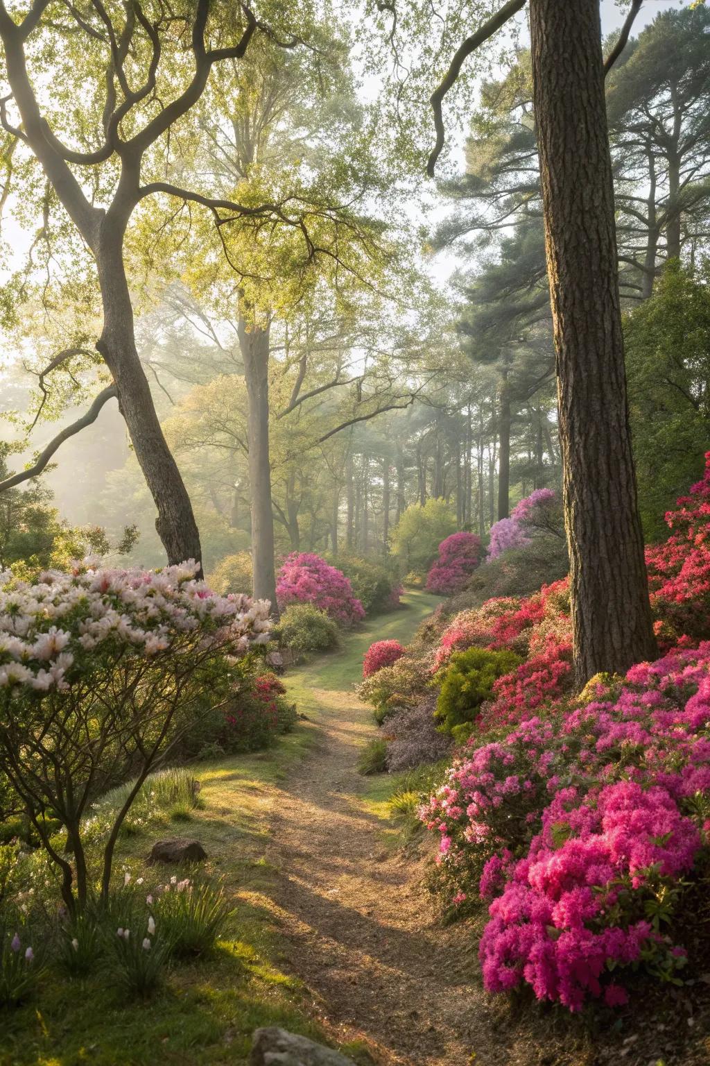 A tranquil woodland garden showcases azaleas bathed in filtered sunlight.