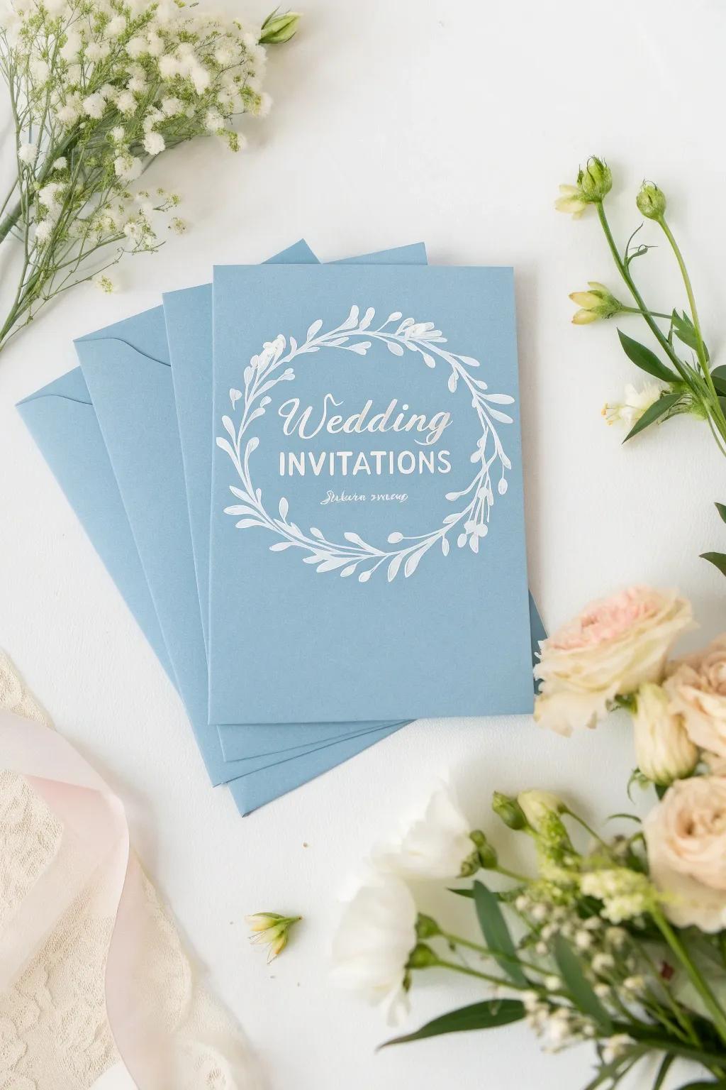 Sky-blue stationery delivers a peaceful sneak peek of your special day.