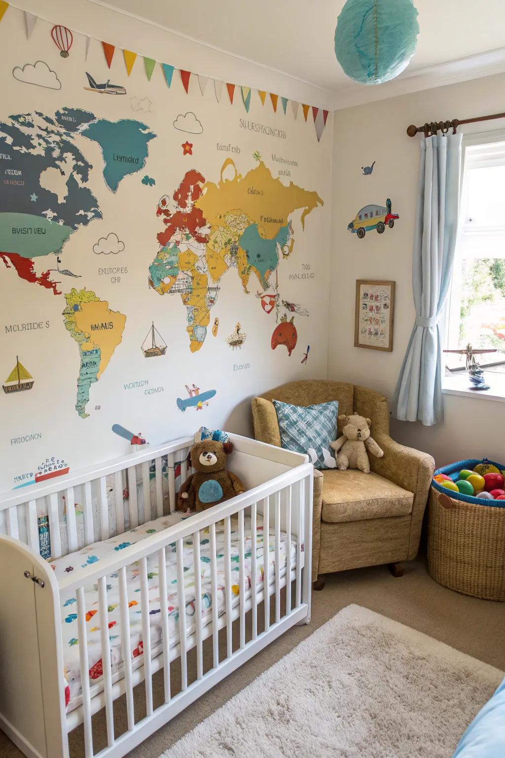 Adventure-inspired wall art provides a sense of discovery in the nursery.