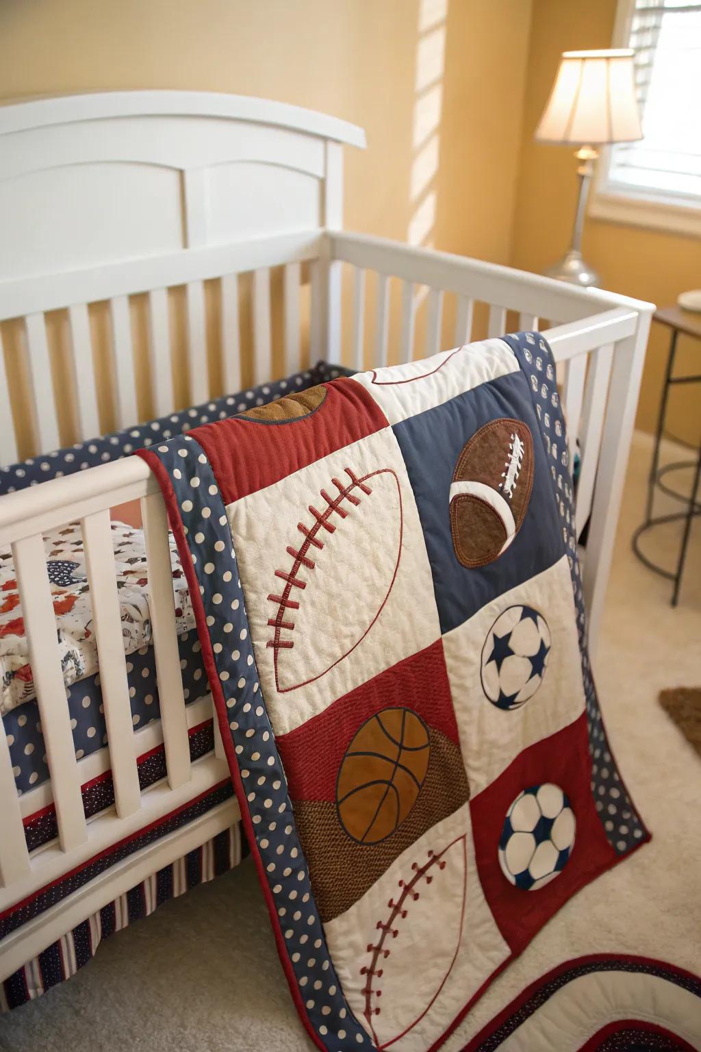 Sports-themed bedding introduces an element of enjoyment and comfort to the nursery.
