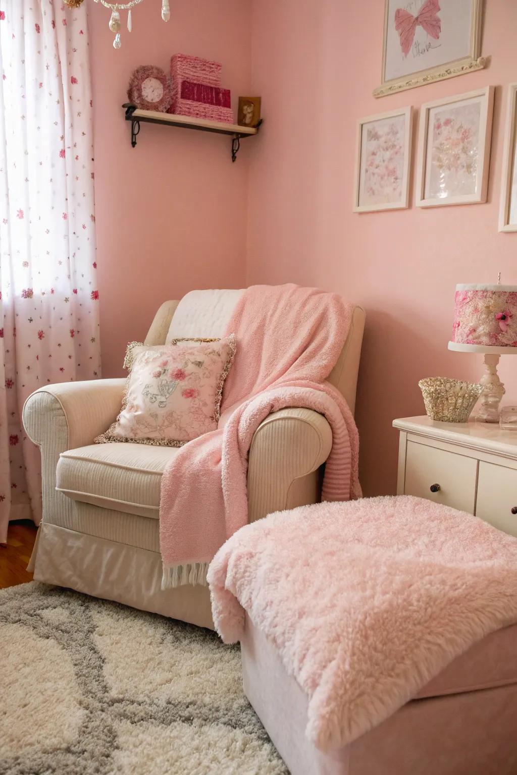 A baby pink area showcasing opulent furnishings, introducing both relaxation and sophistication.