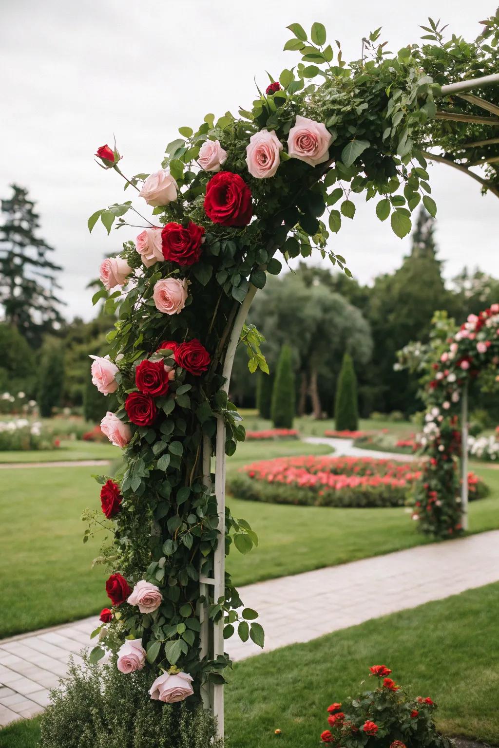 A lively floral arch featuring roses and greenery for a fresh feel.
