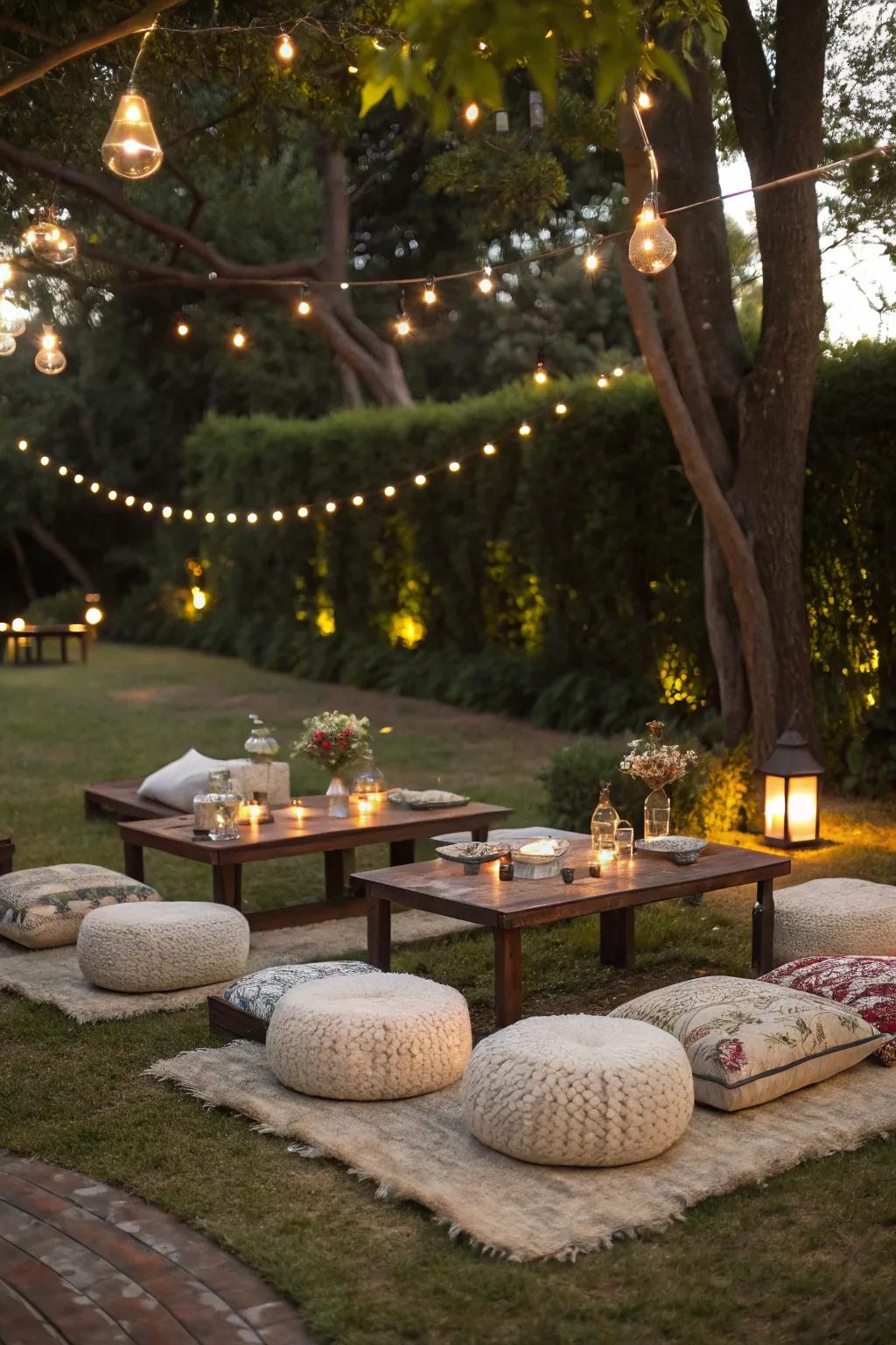 A relaxed picnic-style arrangement featuring small tables and cushions.