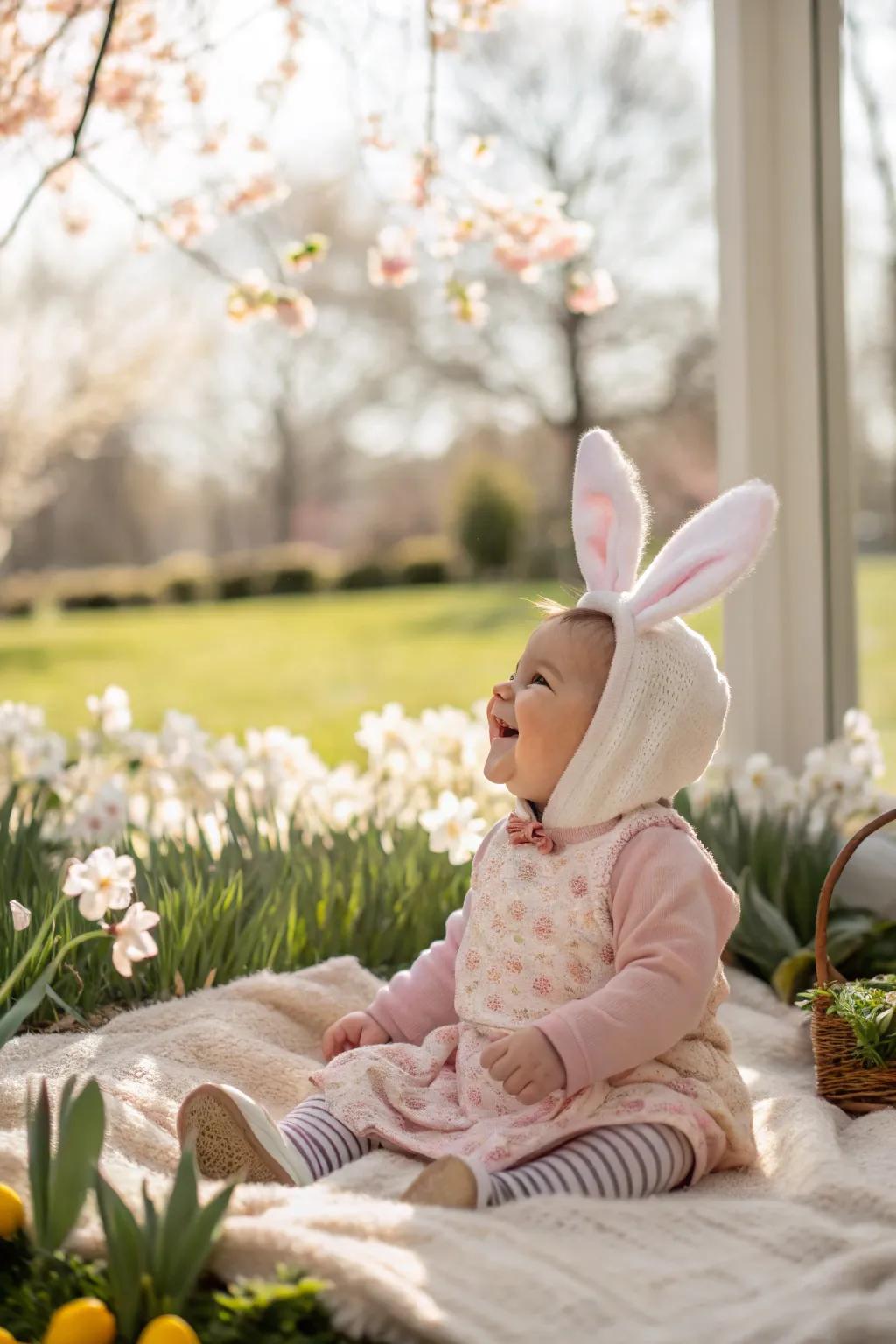 An adorable Easter outfit enhanced with bunny ears for a memorable photo.