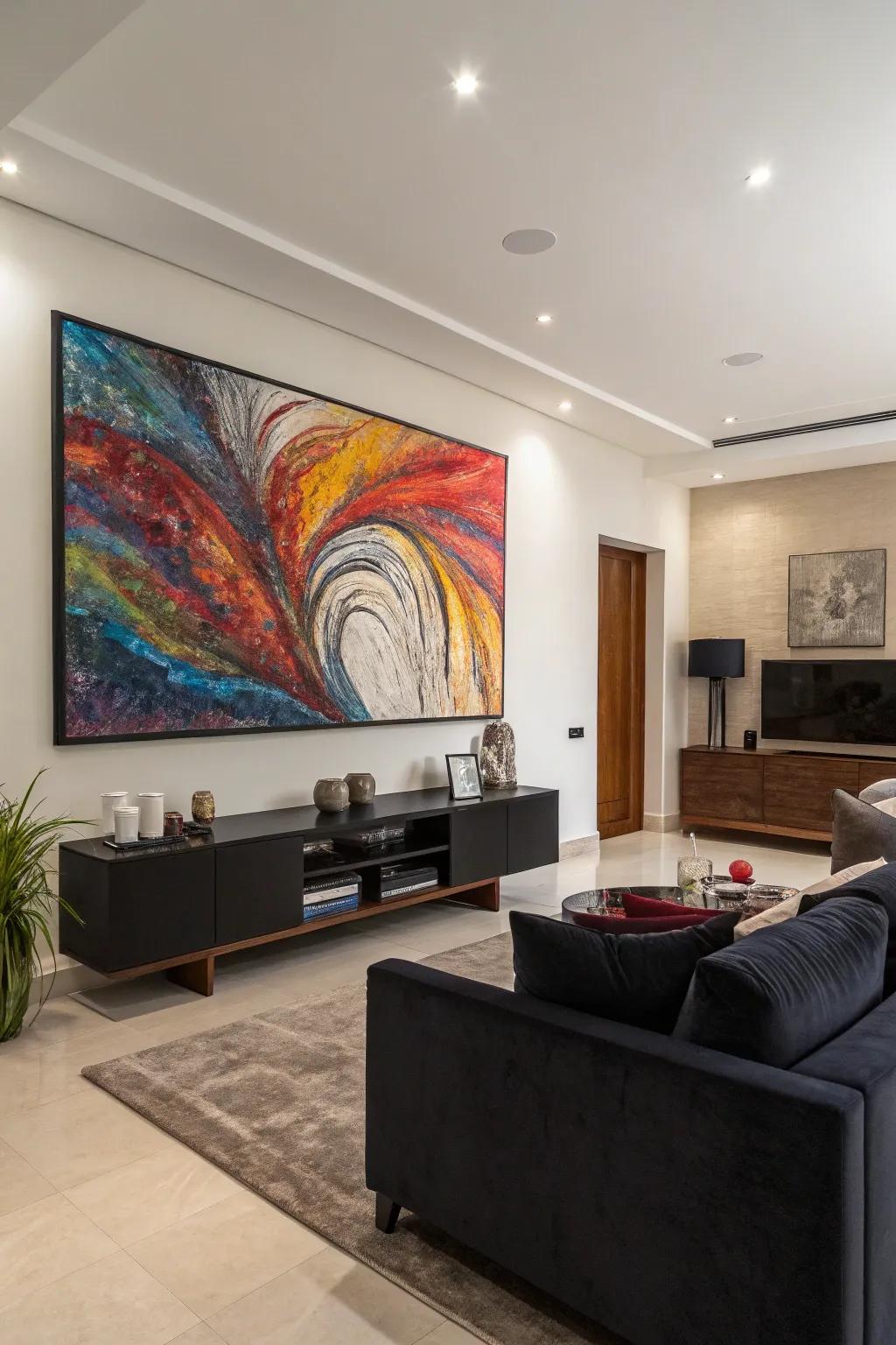 A striking statement piece elevates this minimalist setting.