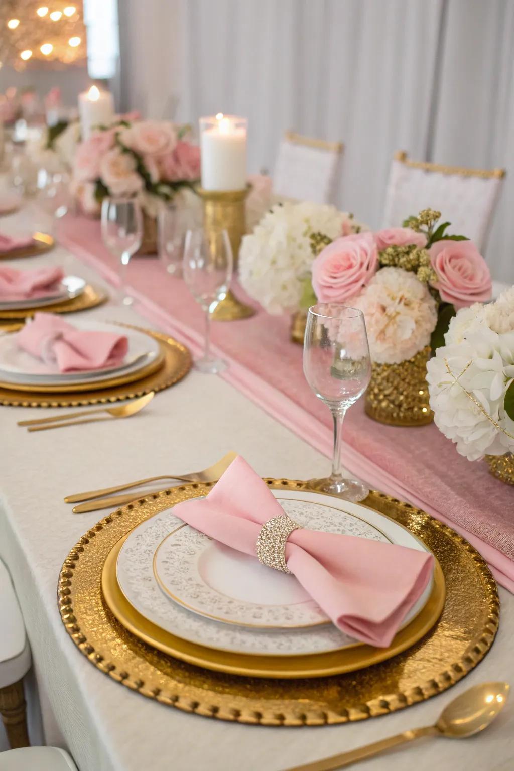 An elegant tablescape featuring rose, gold, and ivory accents.
