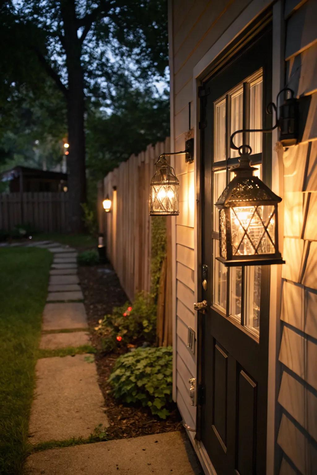 Classic lanterns give off a warm light by the back door.