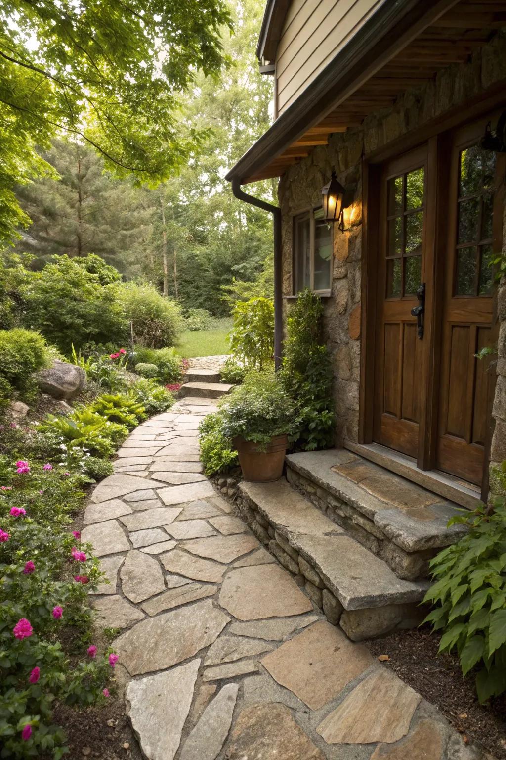 A stone landing offers elegance and durability.