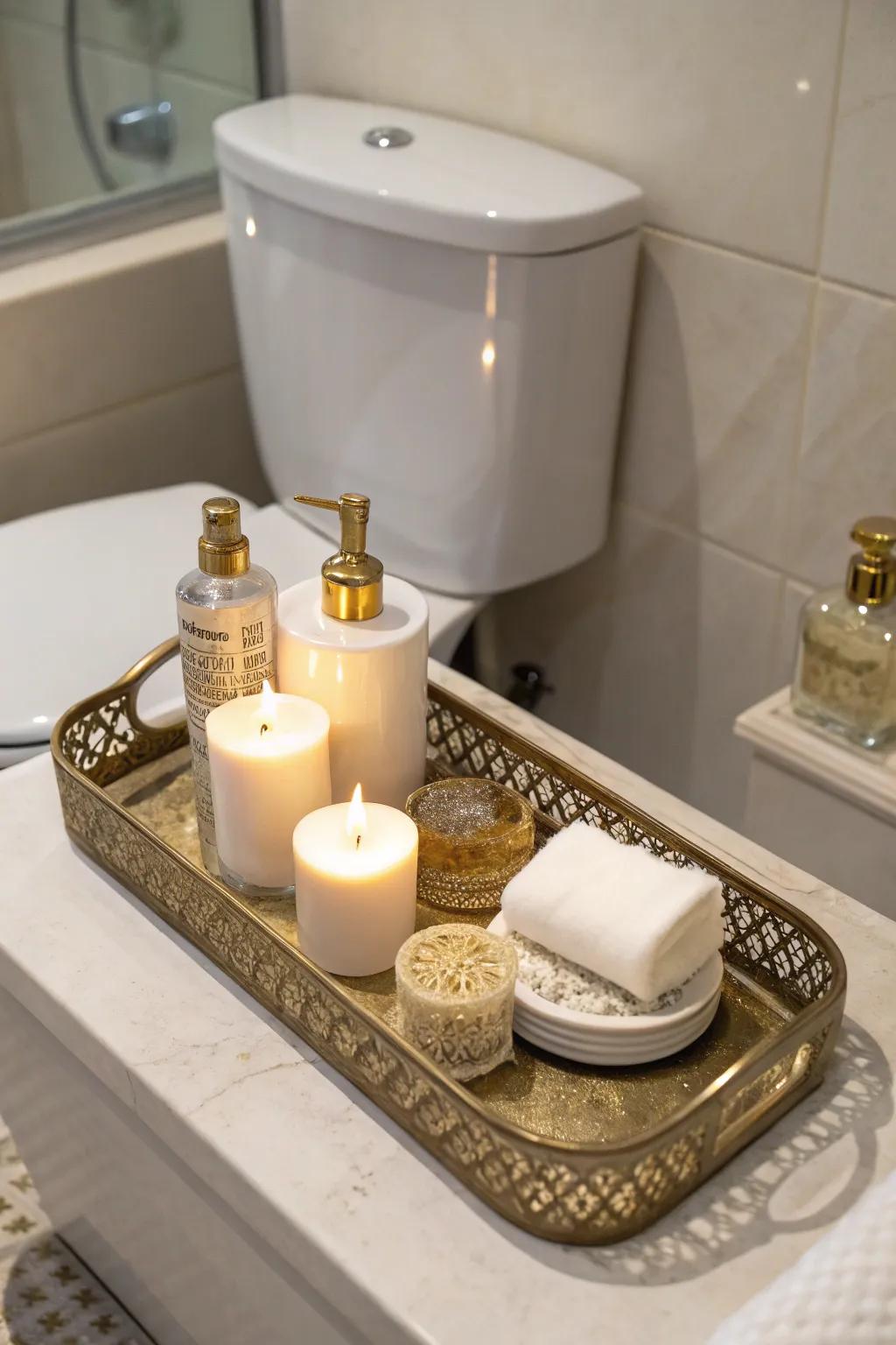 A stylish tray efficiently organizes bathroom essentials with elegance.