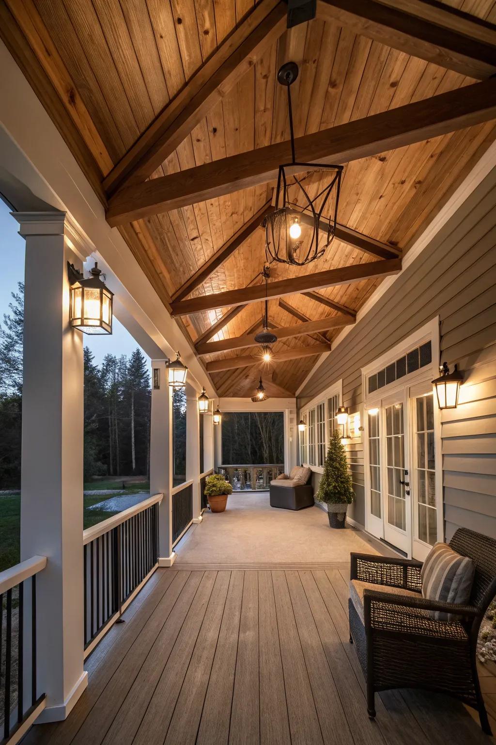 Enhance your porch with a tastefully designed wooden ceiling.