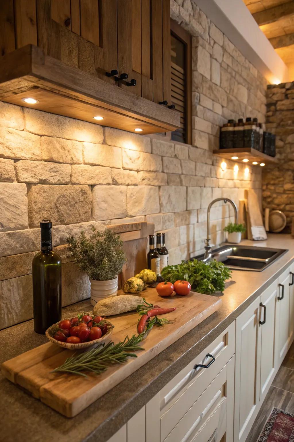 Bring the outdoors in with a rustic stone backsplash.