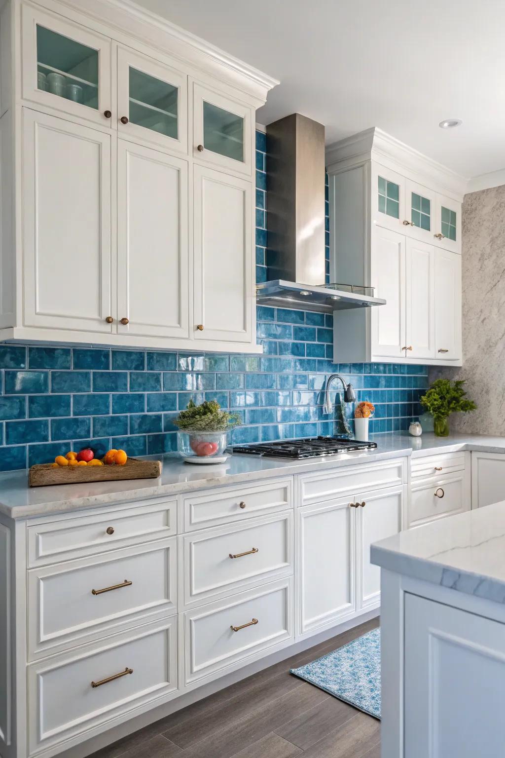 Striking azure tiles bring forth a revitalizing burst of vividness.