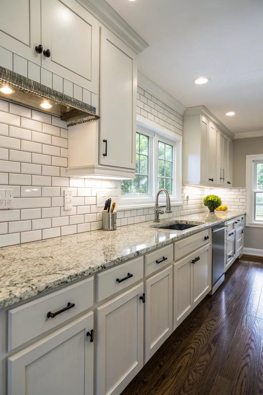 Classic subway tiles offer a timeless setting for granite countertops.