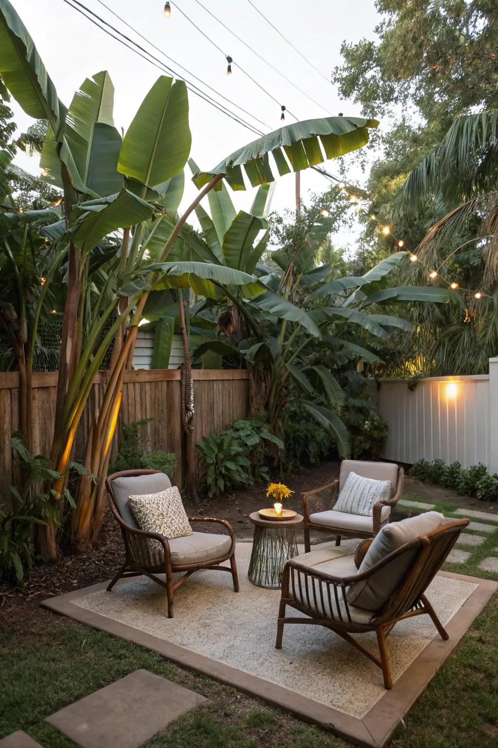 Unwind in a sheltered seating area, immersed in the lush foliage of banana trees.