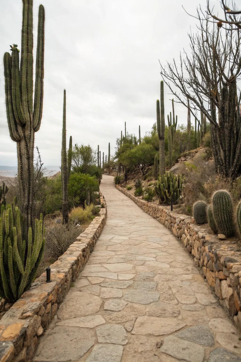 An attractive stone pathway lined on each side by various heights of cacti.