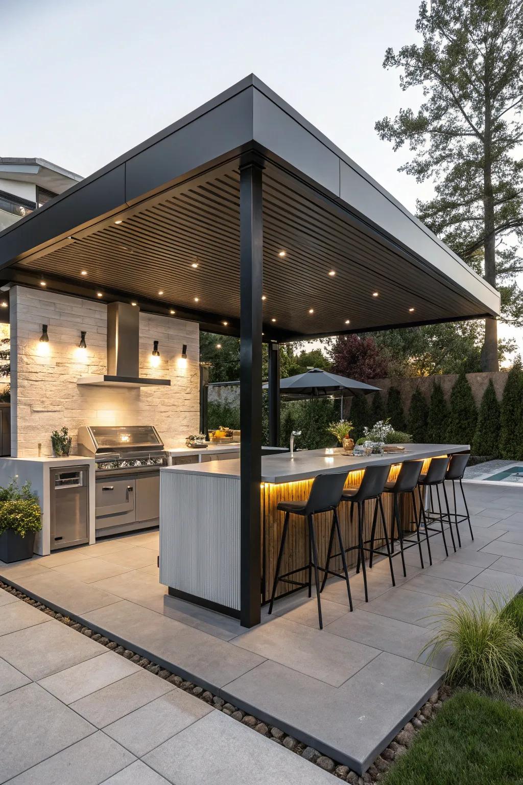 A modern shelter with a built-in bar offers a stylish outdoor space for entertaining.