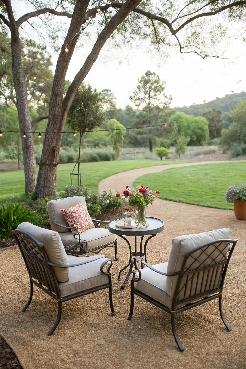 A comfortable seating spot on crushed rock fines, perfect for relaxing and enjoying a beverage.