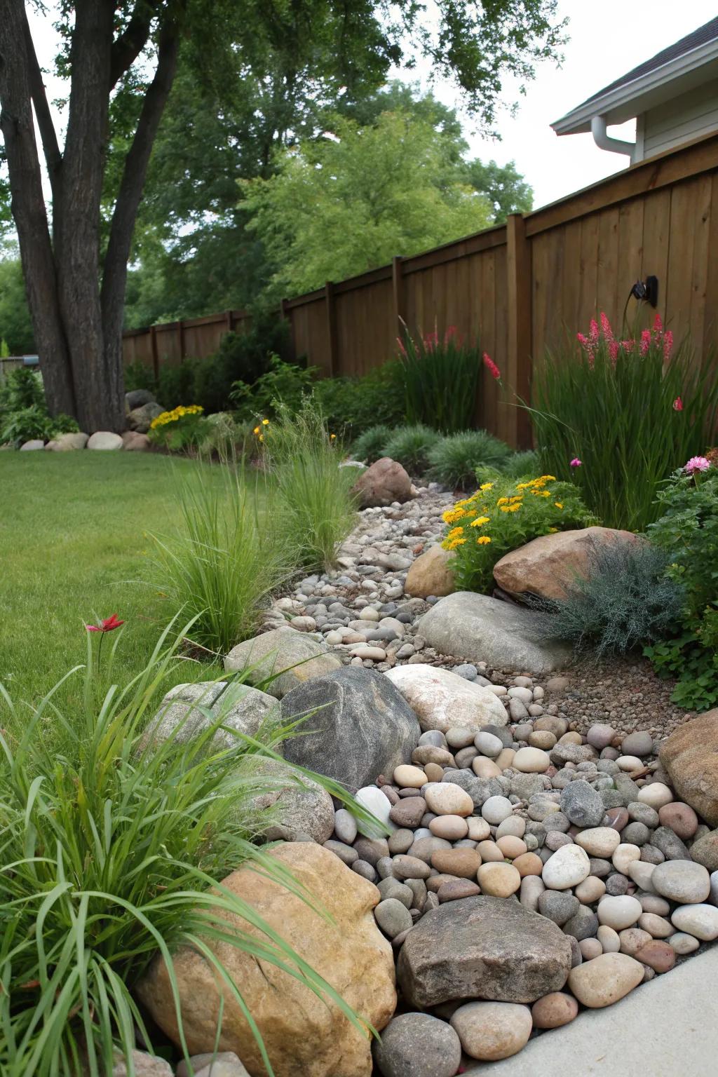 An appealing rock bed serves as an effective drainage option.