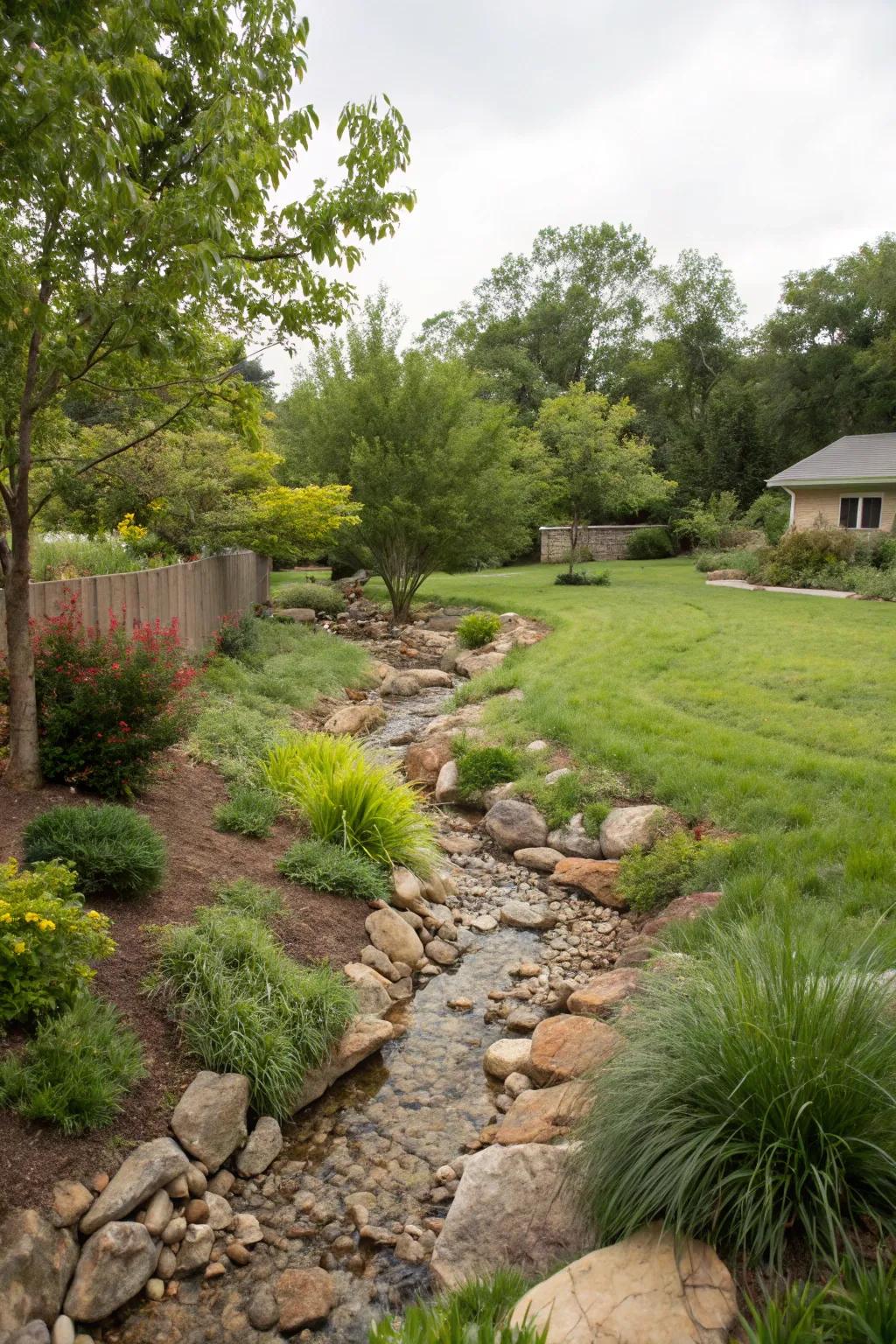 Decorative drainage ditches control water flow and improve visual appeal.
