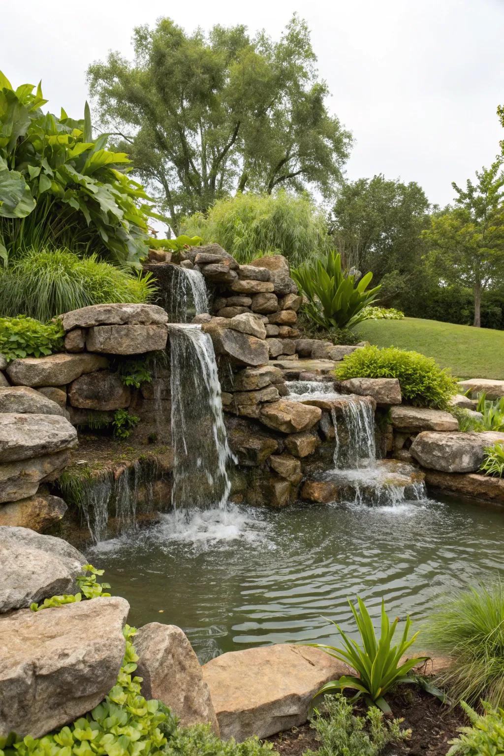 Connect with nature through a stone cascade that infuses peace into your backyard.