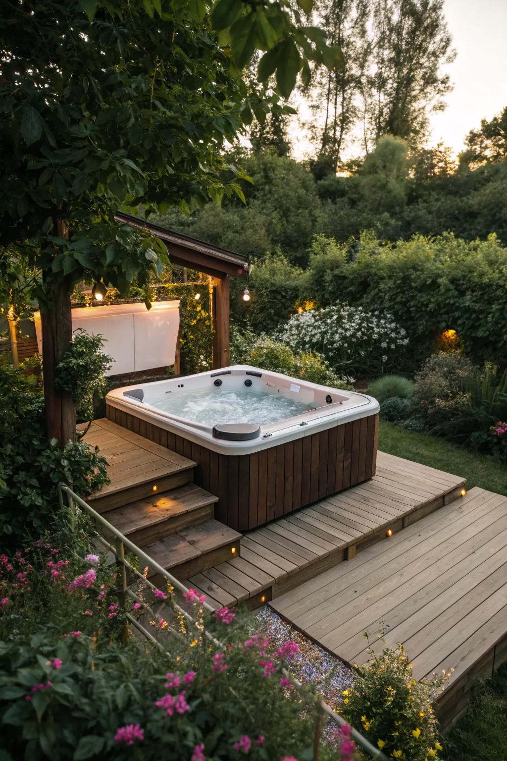 An elegant deck enhances the style of any spa tub arrangement.
